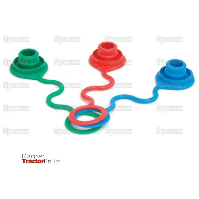Three colorful silicone or rubber caps, reminiscent of the Dust Cap 1/2'' male red | Sparex Part No. S.30500 by Sparex, are connected by wavy plastic tubes. The caps are red, green, and blue.