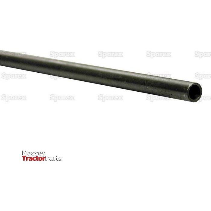 Close-up of a galvanized steel hydraulic pipe against a white background, with text on the lower left reading "Massey Tractor Parts." This Sparex Steel Hydraulic Pipe (10L) measures 10mm x 1.5mm and offers durability and precision.