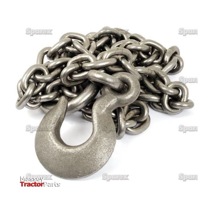 The Sparex Steel Towing Chain (19mm x 3.5m) with a Safe Working Load of 10,000kgs is coiled on a white background, featuring a large hook. The product is identified as Sparex Part No.S.28349.