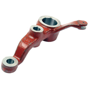 The Sparex Steering Arm (2WD) | Sparex Part No. S.40123, a red metal automotive part featuring three holes for attachments, is compatible with Massey Ferguson models.