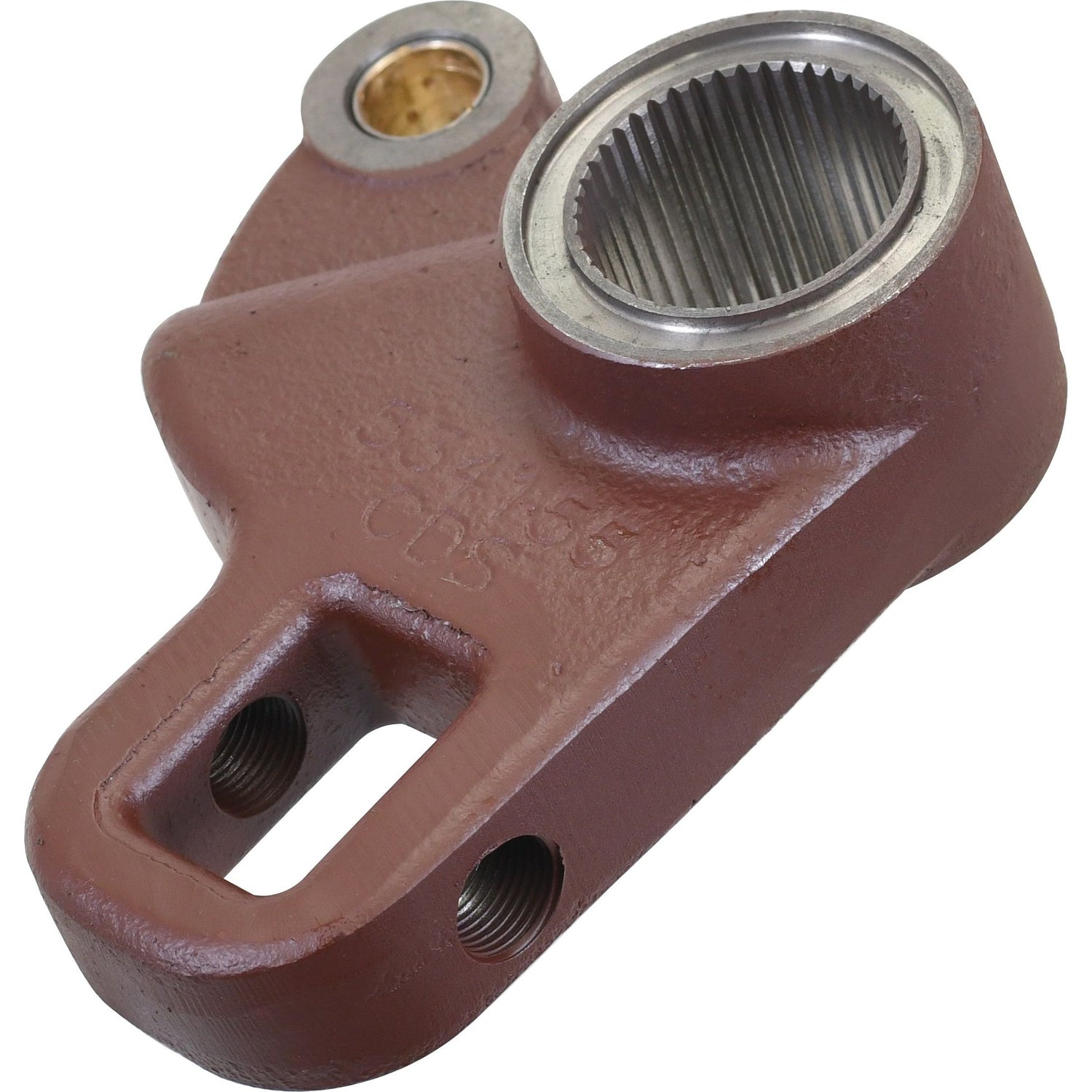 A close-up view of a metallic mechanical part with a brown coating, featuring threaded holes and a gear-like inner surface, similar to the Sparex Steering Arm (2WD) | Sparex Part No.S.60142 used in Massey Ferguson tractors.