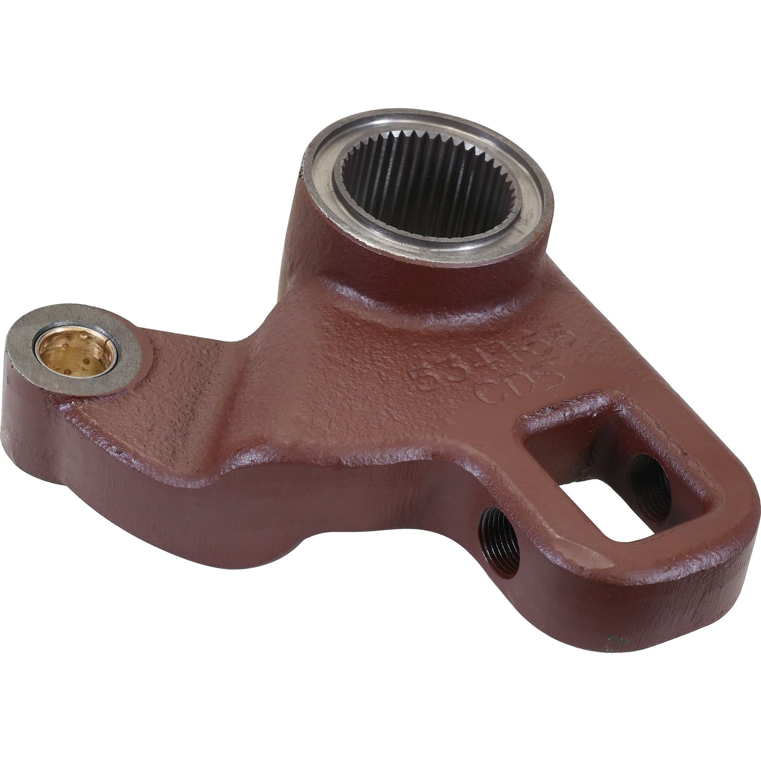 A close-up of the Steering Arm (2WD) with Sparex Part No.S.60142, showcasing a brown mechanical component featuring 41 splines in the splined hole and an additional smaller hole. The piece, compatible with Massey Ferguson parts from Sparex, appears to be made of cast metal with a smooth finish.
