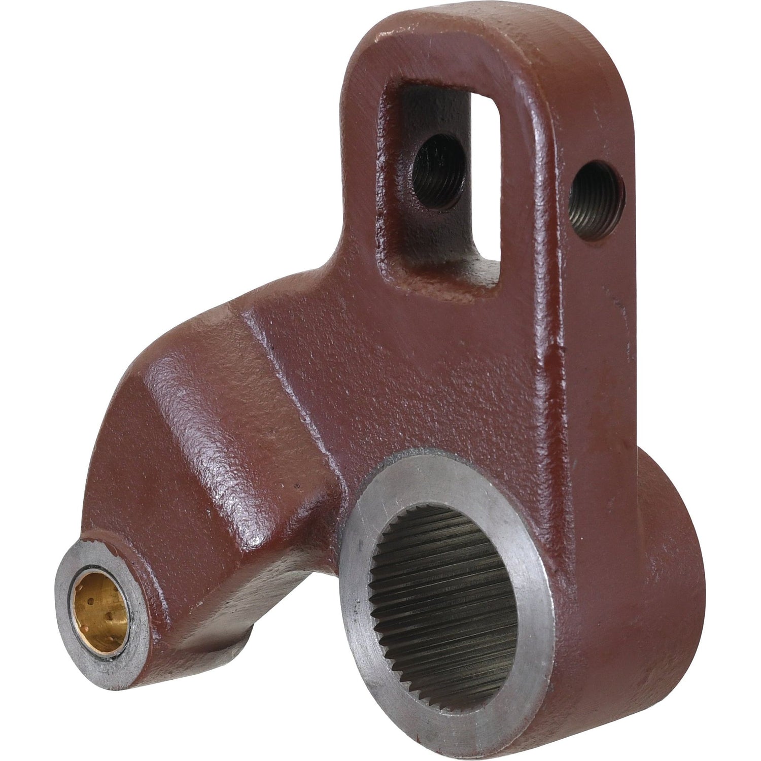 The Sparex Steering Arm (2WD), Part No. S.60142, is a metal component with a hollow cylindrical section featuring 41 splines, a rectangular opening at the top, and threaded holes on its sides, making it ideal for Massey Ferguson machinery.