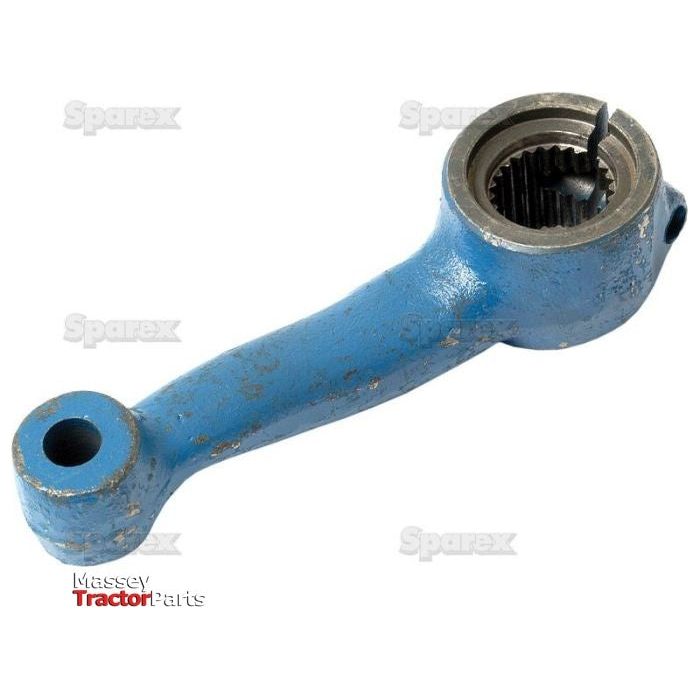 The product is a blue metal Steering Arm (2WD) RH | Sparex Part No.S.61474 with a gear mechanism inside one end and a circular hole on the other, displayed on a white background adorned with "Sparex" and "Massey Tractor Parts" logos. It is ideal for Ford New Holland models.