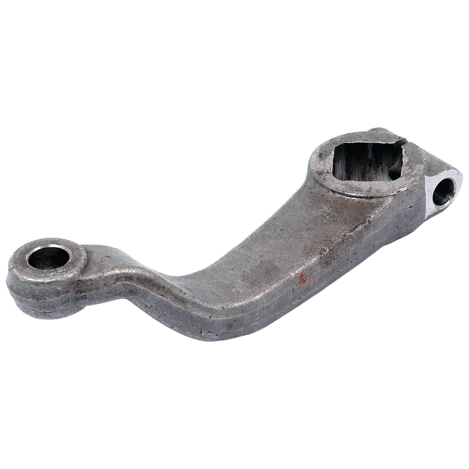 The **Steering Arm (2WD) LH** | Sparex Part No.S.62274 by **Sparex** is a metal lever with a rectangular slot on one end and a circular hole on the other, featuring a curved shape and a slightly rough surface.
