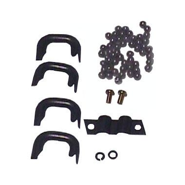 The Sparex Steering Ball & Tube Kit (Part No. S.70582) includes various hardware pieces such as four U-shaped brackets, bolts, rings, and a black metal plate, all reminiscent of a classic International Harvester tube kit, neatly arranged on a white background.