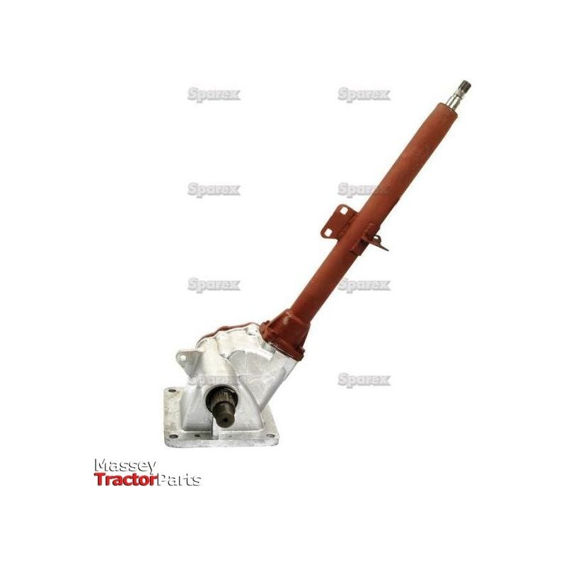 The image shows a Steering Box Assembly (Sparex Part No. S.73523) by Sparex, featuring a long red rod and a silver base, designed specifically for use in tractors like Ford / New Holland models, set against a plain white background.