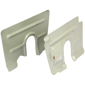 Two beige rectangular metal plates with holes on the edges and a central arch cutout, resembling the Sparex Steering Box Cover (Part No. S.67916), stand upright against a white background.