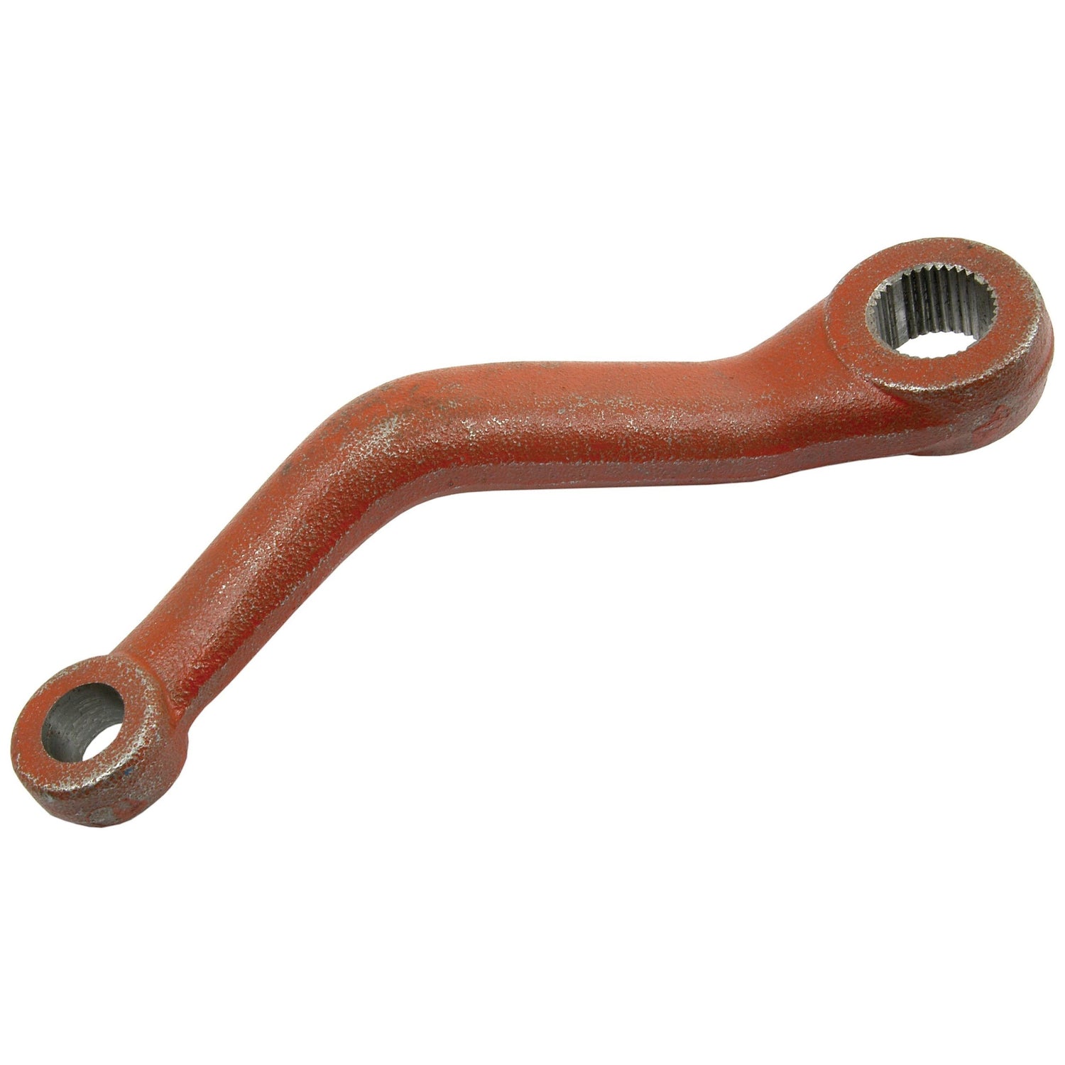 Red Drop Arm (2WD) by Sparex, resembling a secondary arm from a Massey Ferguson, featuring one circular hole at each end with internal gear teeth on one side. Sparex Part No. S.43286.