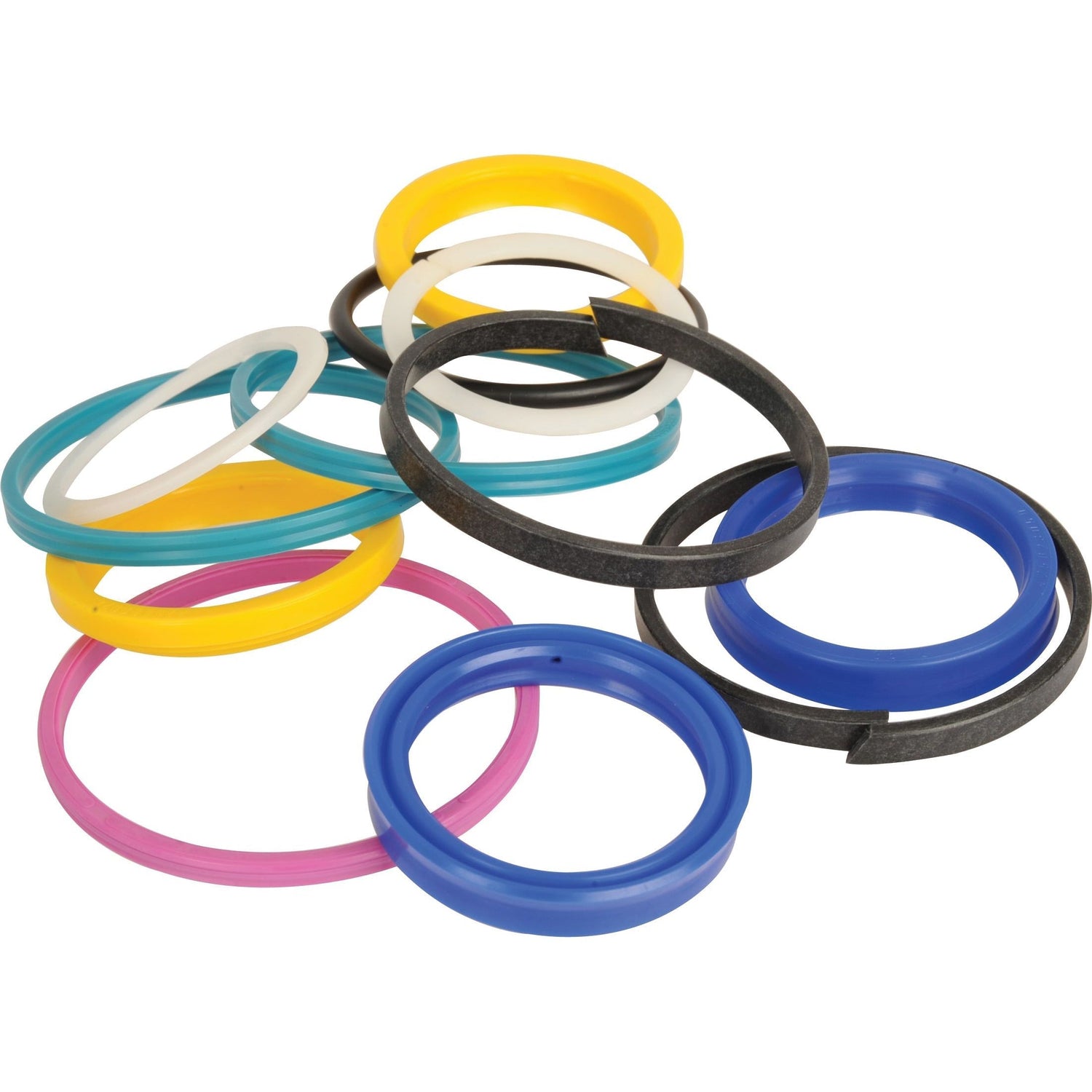 A variety of colored plastic and rubber O-rings and seals, perfect for the Sparex Steering Column Repair Kit (4WD) | Sparex Part No. S.107221 or maintaining your Massey Ferguson, are scattered against a white background.