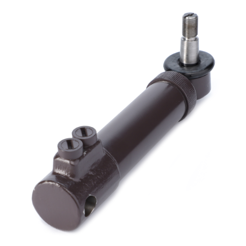 A close-up of the Massey Ferguson - Steering Cylinder - 3774728M91 by AGCO, showcasing its dark brown cylindrical body with two small holes on the side and a threaded metal rod on one end, typical of parts found in the Massey Ferguson 200 Series.