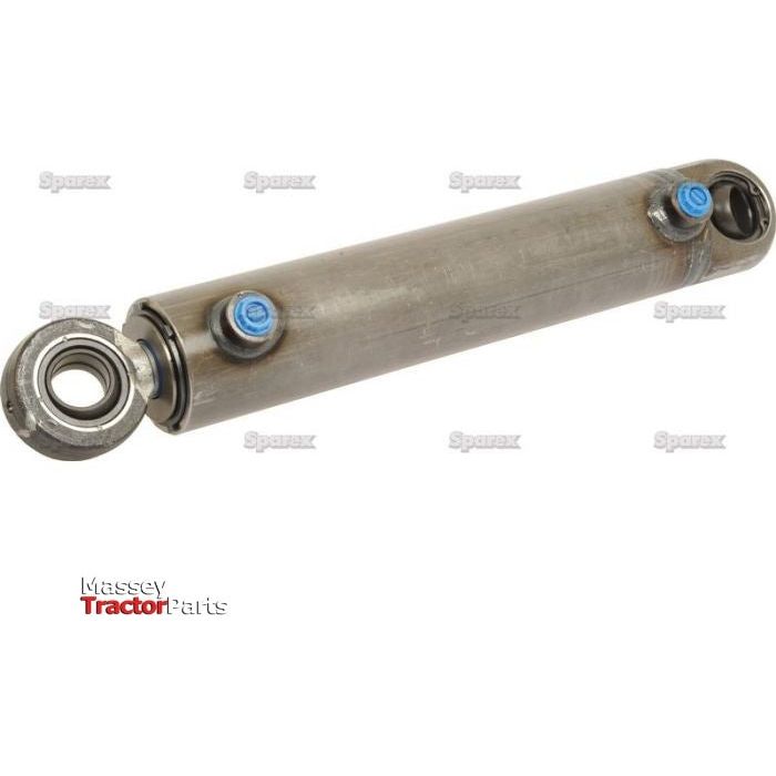 Steering Cylinder (Sparex Part No. S.107443) by Sparex, featuring two blue fittings and rod ends for attachment, designed for Massey tractors.