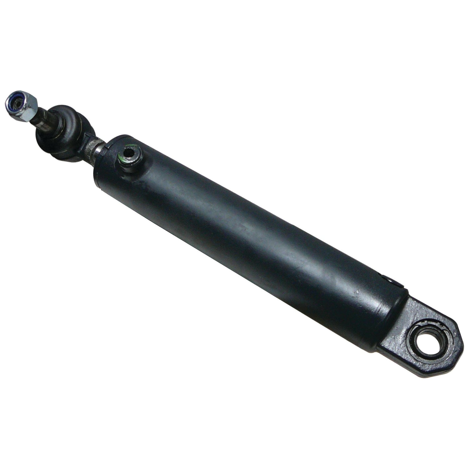 Image of a Sparex Steering Cylinder (Part No. S.67639) in black, featuring mounting holes on both ends, compatible with Fiat and Case IH machinery.