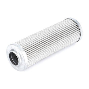 The AGCO Massey Ferguson - Steering Filter - 3619594M1 is a cylindrical metal filter with a ribbed texture, specifically designed for the Massey Ferguson 3000 Series tractors, featuring metal end caps on both sides.