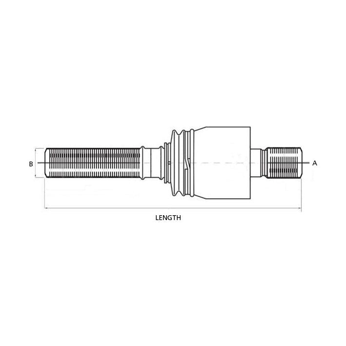 Technical drawing of a threaded rod labeled "A," "B," and "Length." The rod, specifically named Steering Joint (S.7844) with a length of 210mm, is compatible with Case IH and Deutz-Fahr machinery. This product features multiple sections with varying diameters and thread patterns and is available through Sparex.