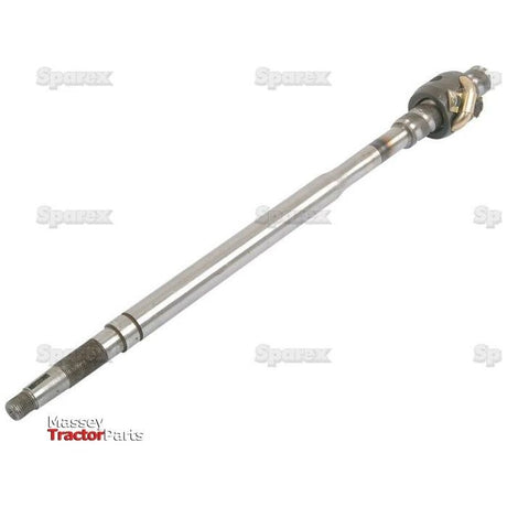 A long, metallic agricultural tractor part with a threaded end and a machined segment, labeled with "Sparex" and "Massey Tractor Parts" logos. Measuring 567mm, this steering shaft is compatible with Massey Ferguson models (Steering Shaft | Sparex Part No. S.40275).