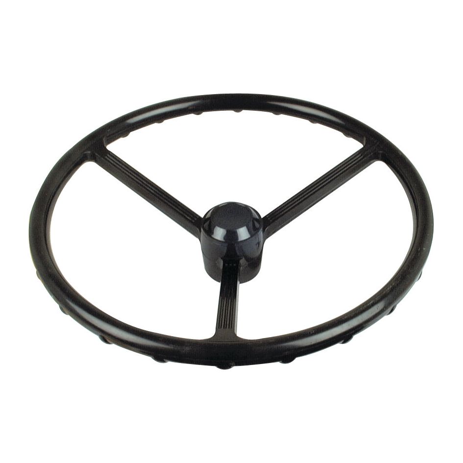 A top view of the Sparex Steering Wheel 375mm with Keyway, featuring a black three-spoke design and a central hub, identified by Sparex Part No. S.70691.