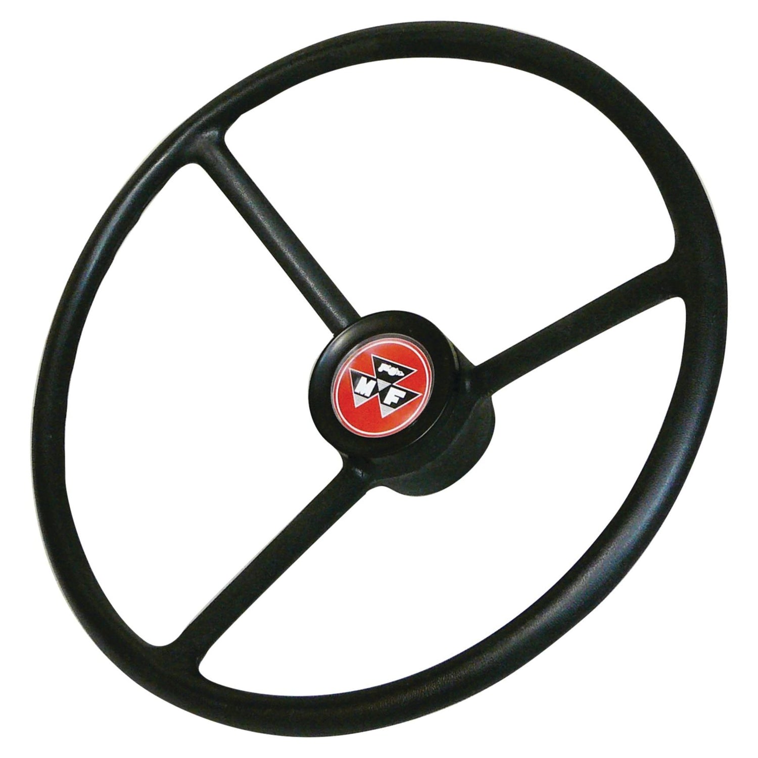The Sparex Steering Wheel 450mm, Splined (Sparex Part No. S.40264) is a black three-spoke design with a red center emblem featuring a logo of three overlapping white triangles. This fine spline steering wheel is both elegant and functional.