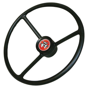 The Sparex Steering Wheel 450mm, Splined (Sparex Part No. S.40264) is a black three-spoke design with a red center emblem featuring a logo of three overlapping white triangles. This fine spline steering wheel is both elegant and functional.