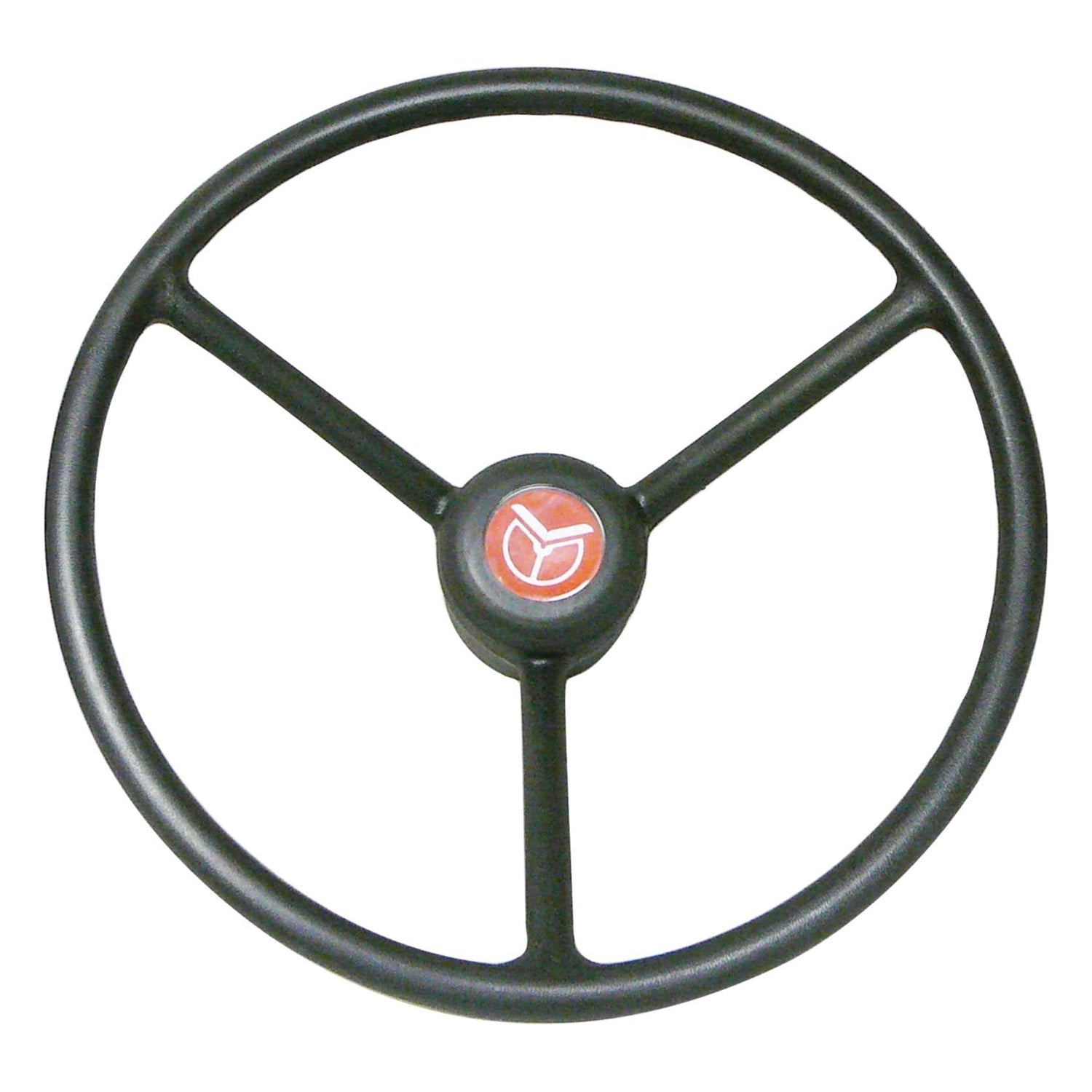 A black Steering Wheel 450mm featuring a three-spoke design and a red and white International Harvester logo in the center, available as Sparex Part No. S.40264 from the brand Sparex.