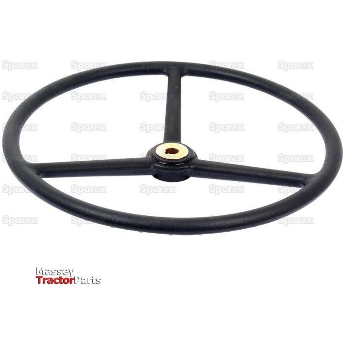 A 455mm, black three-spoke Sparex Steering Wheel (Sparex Part No. S.41486) with a brass center nut, displayed against a white background.