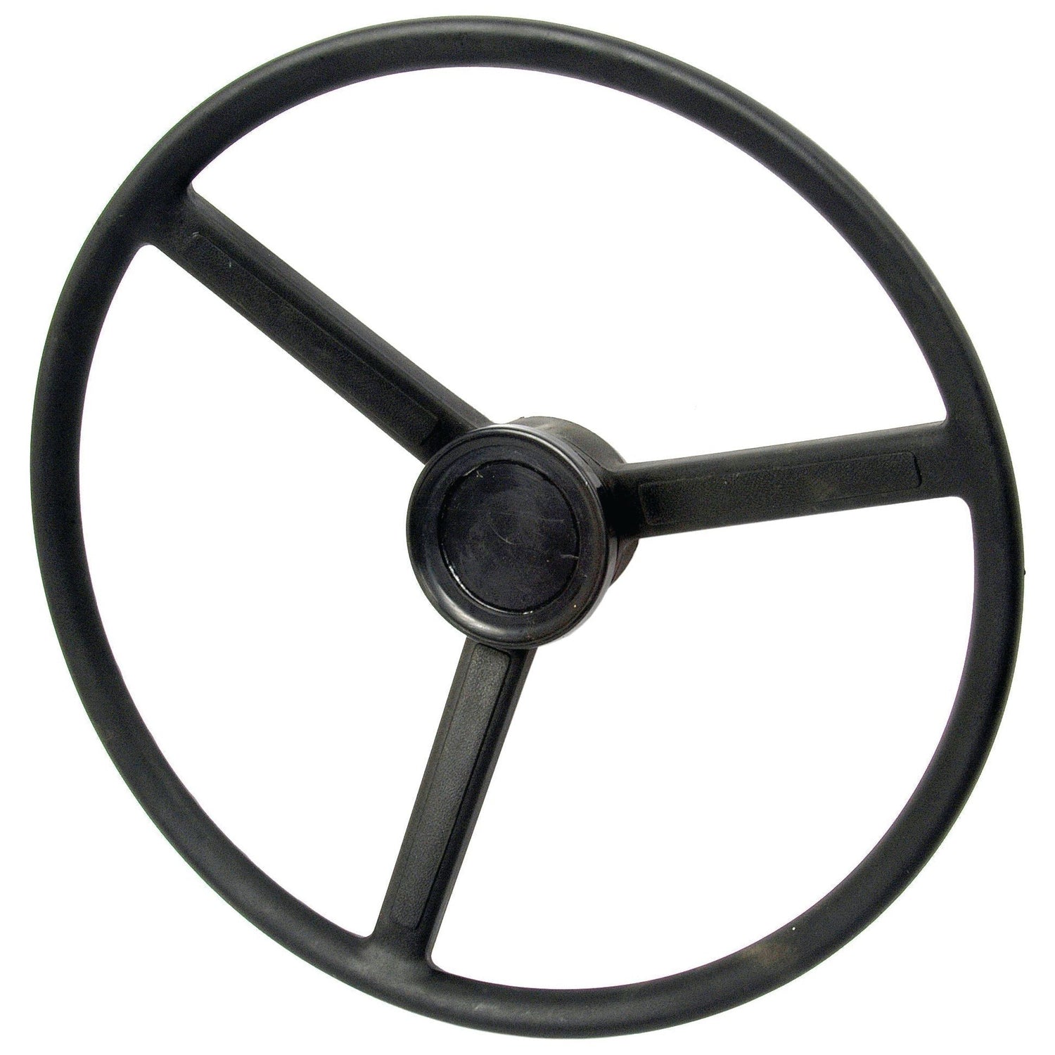 A black three-spoke steering wheel with a round central hub, viewed straight on against a plain white background, reminiscent of the classic design seen in Massey Ferguson machinery. This is the Steering Wheel 460mm with Keyway by Sparex, Part No. S.40262.