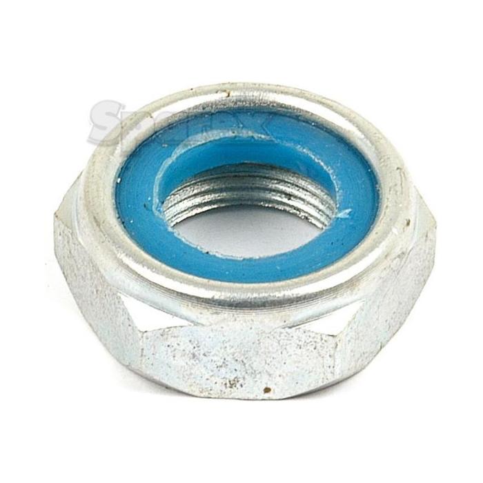 Close-up of the Steering Wheel Nut 11/16" (Sparex Part No. S.65155) by Sparex, featuring a metal hex nut with a blue nylon insert, commonly used in Ford New Holland vehicles.