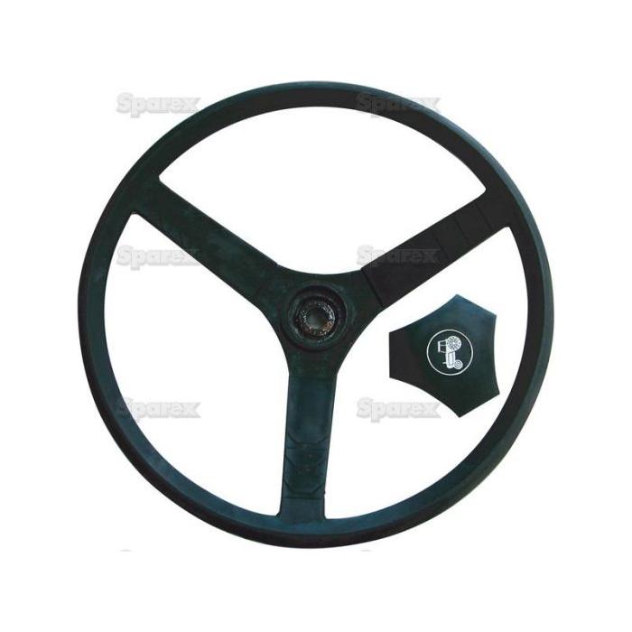 A black three-spoke Sparex Steering Wheel 405mm, Splined (Sparex Part No. S.60478) with a removed center cap, reminiscent of the robust designs found on classic John Deere tractors.