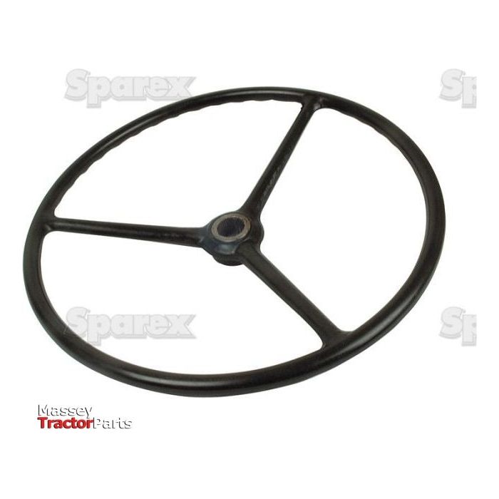 A black metal steering wheel with three spokes, labeled "Sparex" and "Massey Tractor Parts," now compatible with Fine Spline Ford/New Holland models is identified as the Sparex Part No. S.60636 Steering Wheel, Splined.