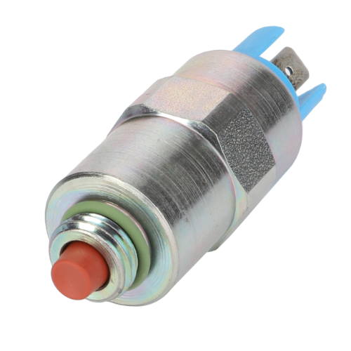 A product that might interest you is the AGCO Massey Ferguson Stop Solenoid - 1896464M1, featuring a cylindrical metal switch with a red button and blue connectors, specifically designed for compatibility with Massey Ferguson tractor parts.