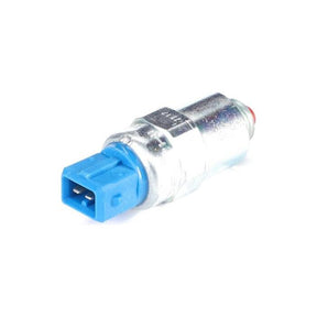 The Massey Ferguson - Stop Solenoid 4224321M1 by AGCO is a metal sensor featuring a blue plastic connector on one end and a flat metallic surface on the other, commonly found in tractor parts or utilized in industrial applications.