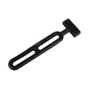 The Sparex Strap Rubber Tensioner 185mm 2 loops - S.18978 is a black plastic buckle with two rectangular slots and a T-shaped top, known for its exceptional elasticity and good tension.