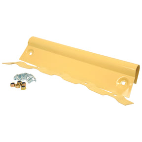 The Sparex Strip & Guard kit with fixings - RH - Replacement for PZ (Sparex Part No. S.79716) includes a yellow metal mower deck scraper blade with pre-drilled holes, along with several nuts and bolts for attachment. This right-hand replacement part is perfect for efficient maintenance tasks.