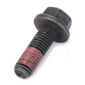 A metal bolt with a hexagonal head and red thread lock coating on the lower portion of the threaded shaft, commonly used in Massey Ferguson tractor parts, is branded as the AGCO Massey Ferguson Stud Exhaust Manifold - 4222341M1.