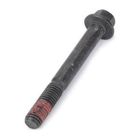 A black metal bolt with a hexagonal head and red thread locker on its tip, isolated on a white background, ideal for Massey Ferguson machinery. This is the AGCO Massey Ferguson Stud Exhaust Manifold, model 4225158M1.