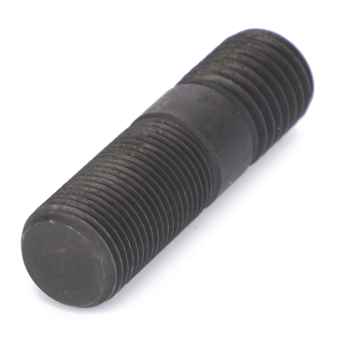 A close-up view of a Massey Ferguson - Stud Hitch - 886160M2 by AGCO, a black metal double-ended bolt with threaded ends commonly used in Massey Ferguson 200 Series tractor parts.