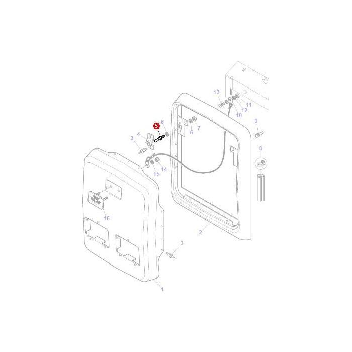 Diagram of an automobile door assembly showing various numbered parts, including the door panel, handle, mechanisms, and associated components with connecting cables—reminiscent of how AGCO's Massey Ferguson 3000 Series tractors detail their intricate parts like the Stud Side Panel (Product Code: 3581422M1).