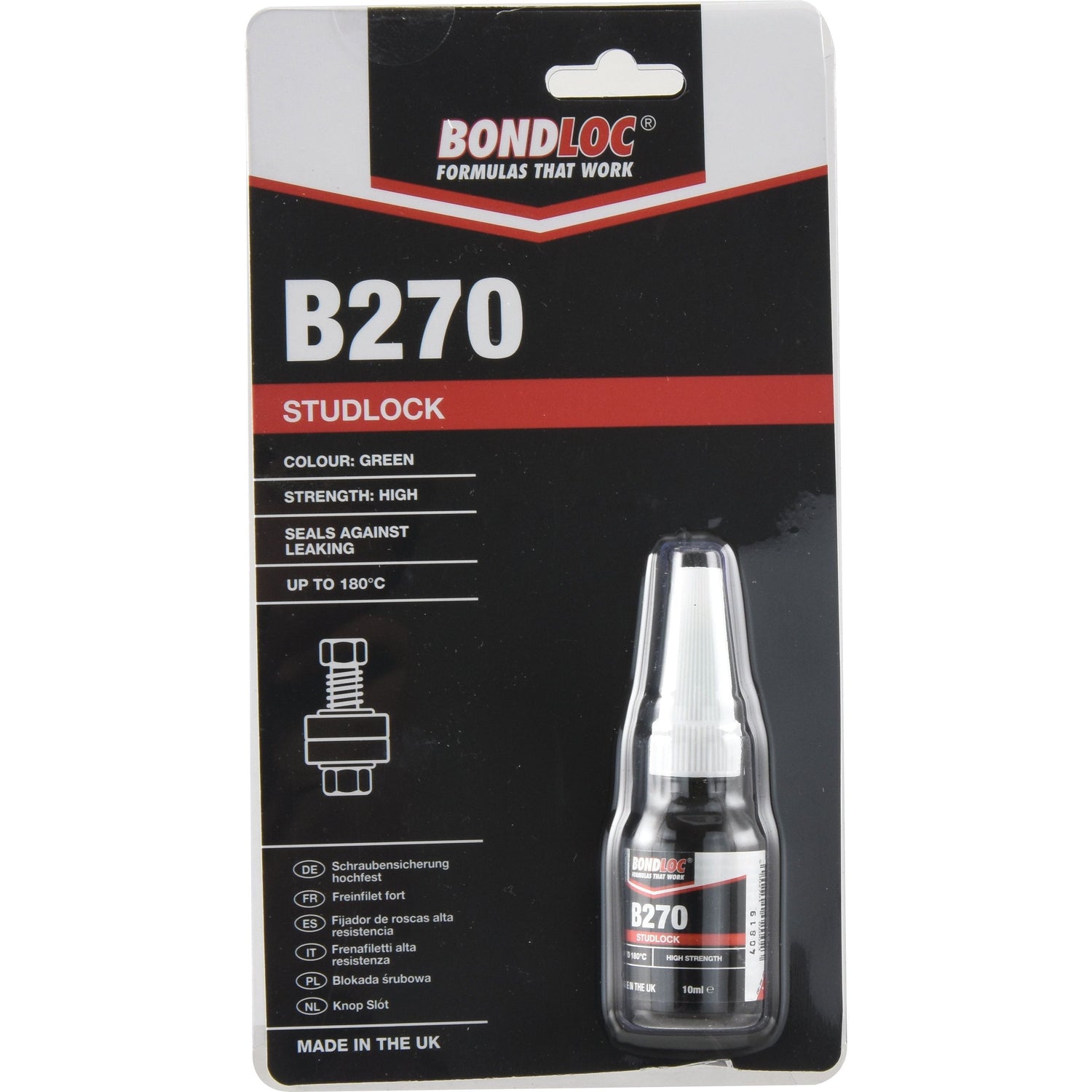 A packaged bottle of Sparex Studlock B270 10ml – S.24076, a green-colored high-strength threadlocker that seals against leaks and withstands temperatures up to 180°C. The packaging features usage icons, detailed instructions, and highlights its vibration resistance.