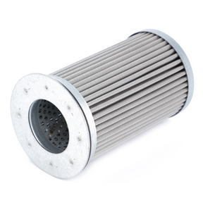 A cylindrical pleated metal filter with a perforated base, part of the AGCO Genuine Hydraulic Filter Strainer two-filtration system, fits Fendt Models and is sold under the product name Fendt - Suction Filter - H411101490100. It is used for air or fluid filtration.