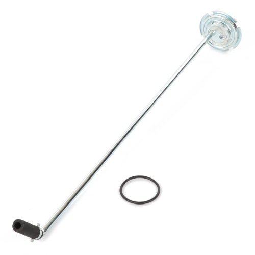A long metal rod with a circular end piece and a black rubber handle on one end, resembling components found in AGCO's Fendt Suction Hose (H718202060120) model. A separate black rubber ring lies next to it.