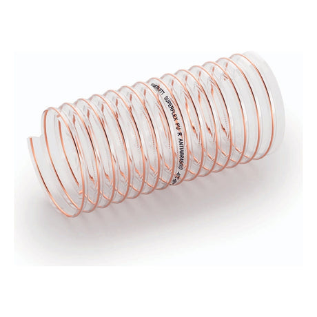 A Sparex Suction Hose (Superflex PU R), 180mm (73/32''), featuring a coiled transparent design with orange spiral reinforcement and printed product specifications along its length.