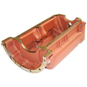 Close-up of the Sparex Oil Sump (Part No. S.67445) featuring an orange-brown finish, visible bolt holes, and internal dividers for engine block mounting. Ideal for Fiat models.
