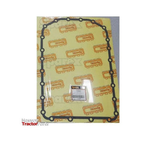 A rectangular sump gasket (Sparex Part No. S.129325) sealed in clear packaging sits on a yellow background adorned with tractor patterns and the brand name "Sparex." The corner features a "Massey Tractor Parts" logo, making it an ideal replacement for John Deere equipment.