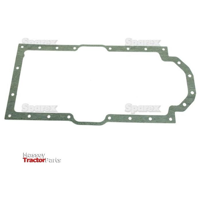 A green sump gasket with multiple bolt holes, laid flat, is branded "Sparex" with a repeating watermark. The bottom left corner features the "Massey Tractor Parts" logo and notes compatibility with Case IH models. This product is the Sump Gasket - 4 Cyl. (D206, D239, D246/D268, DT268) | Sparex Part No.S.57697.