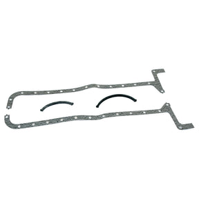 A pair of irregularly shaped Sparex Sump Gaskets for 5-cylinder engines (8055.05) with multiple bolt holes, made from fiber and featuring rubber end seals, laid out flat on a white background.