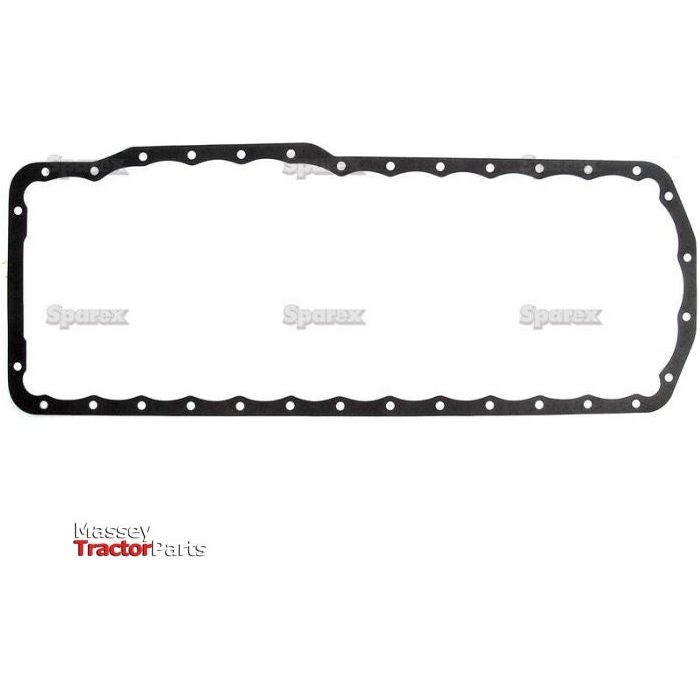 A black rubber sump gasket designed for Ford engines, featuring multiple holes around its perimeter. The watermark "Sparex" is visible on the gasket, with "Massey Tractor Parts" written in the bottom left corner. It is suitable for 6-cylinder models and can be identified by Sparex Part No.S.67450.