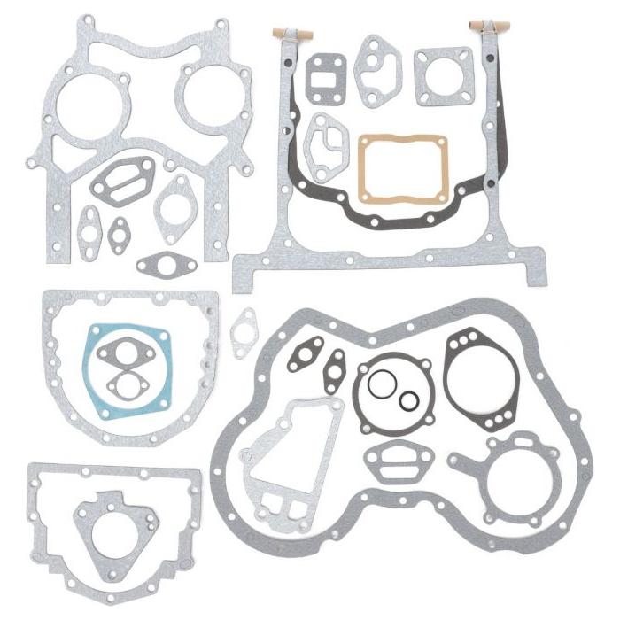 A set of various automotive gaskets from AGCO, including the Massey Ferguson Sump Gasket Kit (4224369Z1), arranged on a white background. These gaskets come in different shapes and sizes, perfect for sealing engine components.