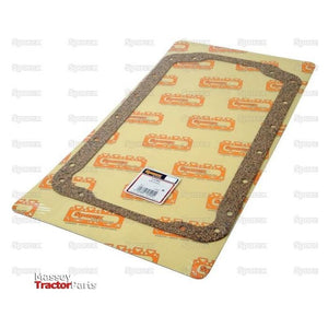 A packaged rectangular Sump Gasket (Sparex Part No. S.57995) made of cork material is placed on a yellow and orange branded backing, featuring the text "Sparex" and "Massey Tractor Parts" printed on the packaging.