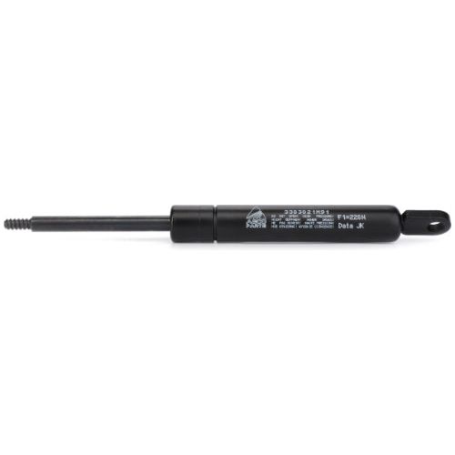 Image of a black gas strut featuring the model details "Massey Ferguson - Sunroof Strut - 3303021M91" and specifications printed on it. One end has a threaded connector, while the other features a loop mount, making it ideal for Massey Ferguson machinery. Brand Name: AGCO.