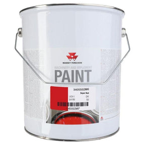 A white 5-liter can of AGCO’s Massey Ferguson - Super Red Paint (product code: 3405502M6), labeled with detailed product and color information. The can features a metal handle and a preview of the red paint at the bottom. This hazardous material is available for store collection.